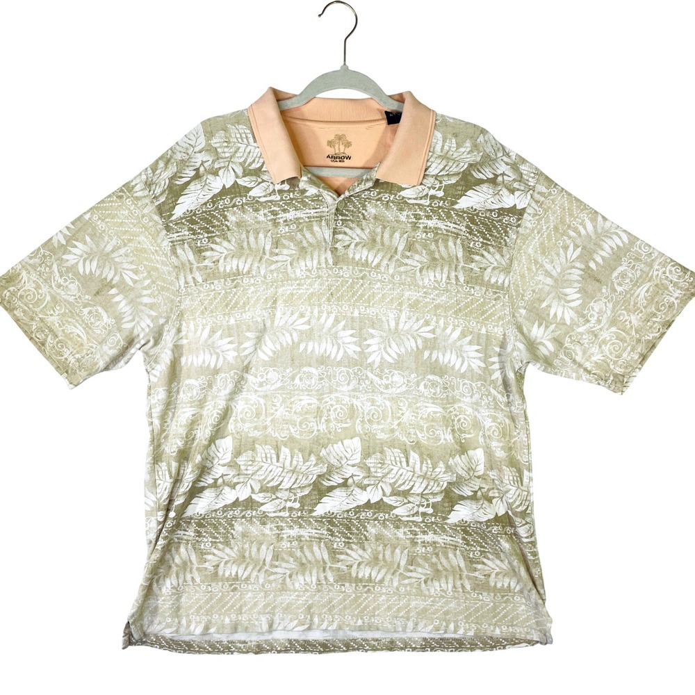 Arrow USA 1851 Mens XL Polo Shirt Tropical Leaf Print Cotton Rayon Olive Peach